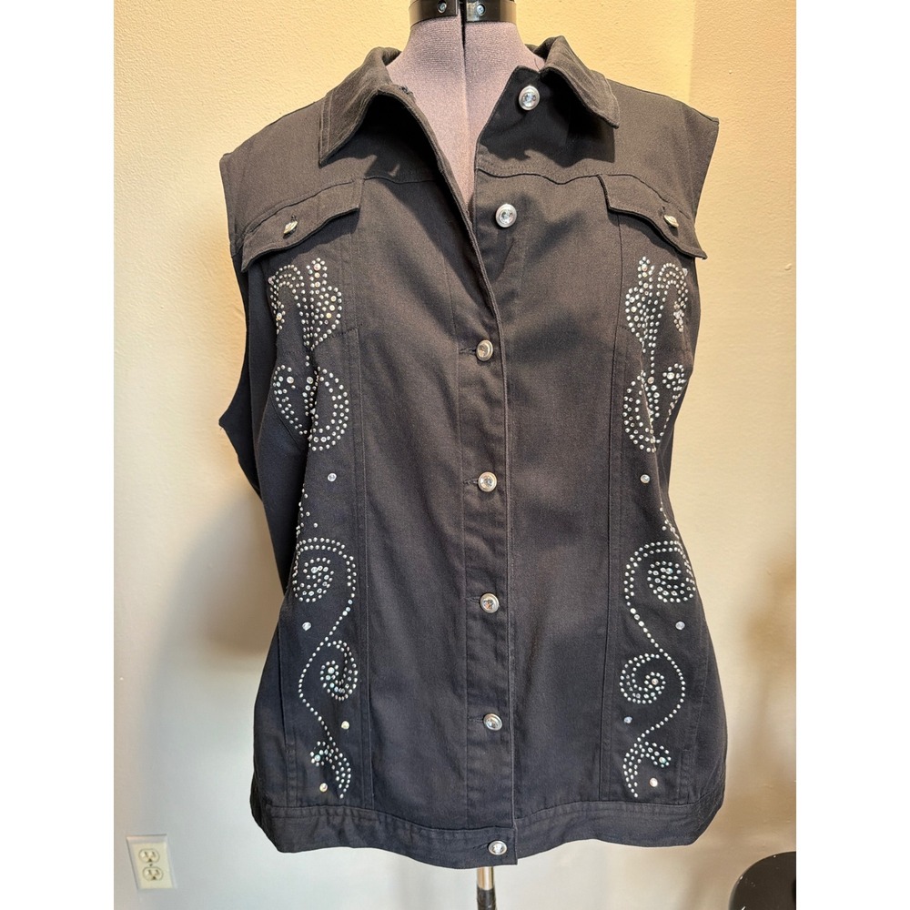 Quacker Factory Rhinestone Western Black Denim Vest Women's 3X Bling